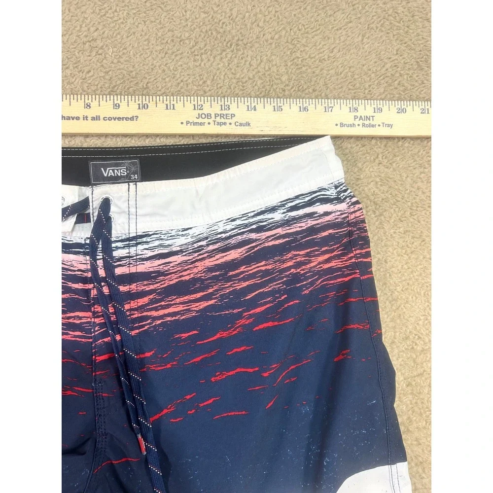 Vans Mens Board Shorts Sz 34 Navy‎ Red White Stripe Print Swim Surf